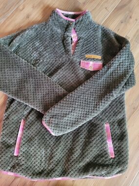 Simply Southern Olive Green Plush Fleece Pullover with Pink Trim